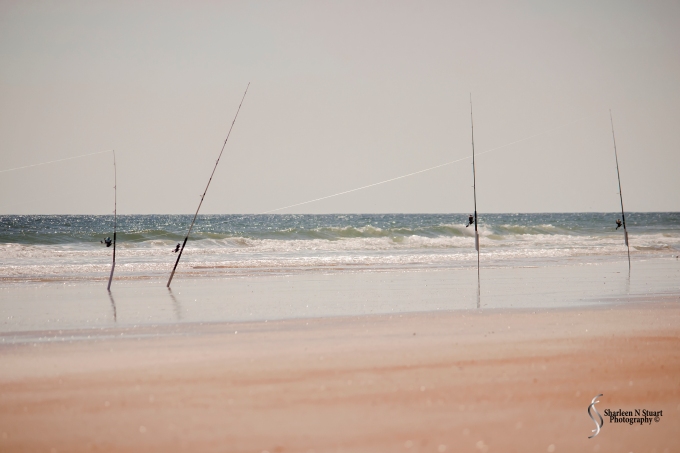 Fishing poles were stacked in the best spots of the beach - right where the waves were breaking.